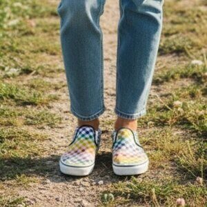 Rainbow Check Vans Slip-On | Youth 5Y Happy Pride Month!  fit ladies 7